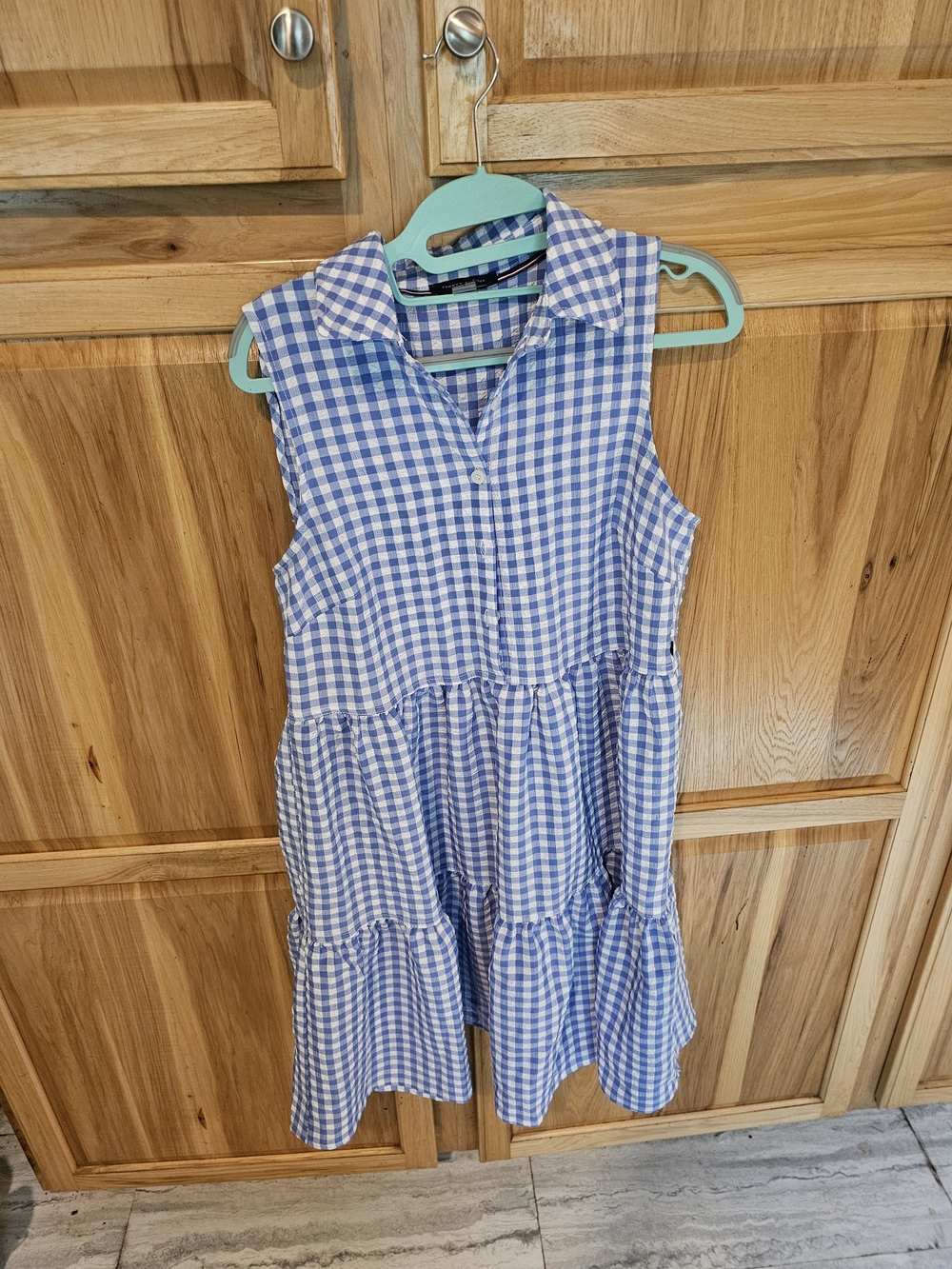 Tommy Hilfiger Blue and White Gingham Tiered Sleeveless Dress with Collar